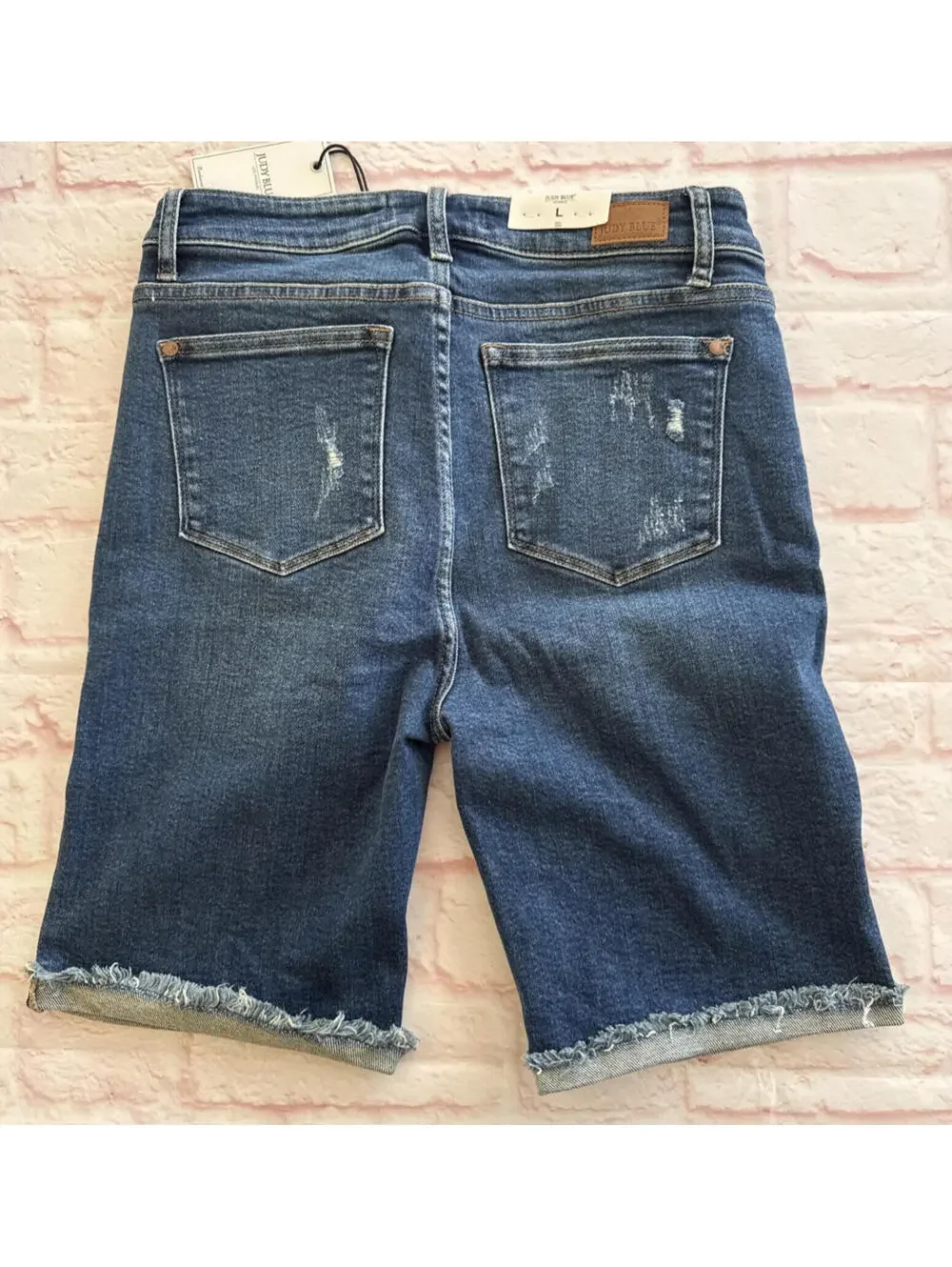 Judy Blue JB150045 Distressed High Waist Dark Blue Denim Jean Cutoff Shorts L - Picture 8 of 8